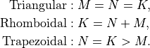 \begin{aligned}
\mathrm{Triangular:} \; &M = N = K , \nonumber \\ \mathrm{Rhomboidal:}
\; &K = N + M ,  \\ \mathrm{Trapezoidal:} \; &N = K > M
. \nonumber\end{aligned}