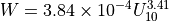 W=3.84\times 10^{-4}U^{3.41}_{10}