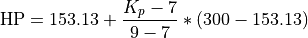 {\rm HP} = 153.13 + \frac{K_p - 7}{9-7}*(300 - 153.13)