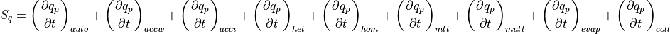 S_q=  \left(\frac{\partial q_p}{\partial t}\right)_{auto} + \left(\frac{\partial q_p}{\partial t}\right)_{accw} + \left(\frac{\partial q_p}{\partial t}\right)_{acci} + \left(\frac{\partial q_p}{\partial t}\right)_{het} + \left(\frac{\partial q_p}{\partial t}\right)_{hom} + \left(\frac{\partial q_p}{\partial t}\right)_{mlt} + \left(\frac{\partial q_p}{\partial t}\right)_{mult} +\left(\frac{\partial q_p}{\partial t}\right)_{evap} + \left(\frac{\partial q_p}{\partial t}\right)_{coll}