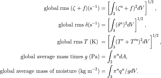 \begin{aligned}
\text{global rms} \; (\zeta+f) (\mathrm{s}^{-1}) & = \left[ \int_3
(\zeta^n + f)^2 dV \right]^{1/2} ,  \\
\text{global rms} \; \delta (\mathrm{s}^{-1}) & = \left [\int_3 (\delta^n)^2 dV
\right]^{1/2} ,  \\
\text{global rms} \; T \; (\mathrm{K}) \; & = \left[ \int_3 (T^r + T'^n)^2 dV
\right]^{1/2} , \\
\text{global average mass times} \; g \; (\mathrm{Pa}) & = \int_2
\pi^{n} dA , \\
\text{global average mass of moisture} \; (\mathrm{kg \; m}^{-2})
& = \int_3 \pi^{n} q^{n}/g dV . \end{aligned}