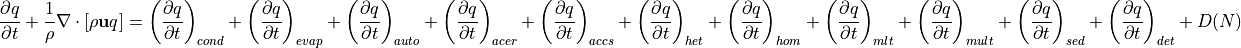 \frac{\partial q}{\partial t} + \frac{1}{\rho} \nabla \cdot [\rho \mathbf{u} q] =  \left(\frac{\partial q}{\partial t}\right)_{cond} + \left(\frac{\partial q}{\partial t}\right)_{evap} + \left(\frac{\partial q}{\partial t}\right)_{auto} + \left(\frac{\partial q}{\partial t}\right)_{acer} + \left(\frac{\partial q}{\partial t}\right)_{accs} + \left(\frac{\partial q}{\partial t}\right)_{het} +\left(\frac{\partial q}{\partial t}\right)_{hom} + \left(\frac{\partial q}{\partial t}\right)_{mlt} + \left(\frac{\partial q}{\partial t}\right)_{mult} + \left(\frac{\partial q}{\partial t}\right)_{sed} + \left(\frac{\partial q}{\partial t}\right)_{det} +D(N)