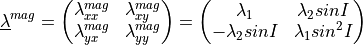 \begin{gathered}
\underline{\lambda}^{mag}=
\begin{pmatrix}
\lambda_{xx}^{mag} & \lambda_{xy}^{mag} \\
\lambda_{yx}^{mag} & \lambda_{yy}^{mag}
\end{pmatrix} =
\begin{pmatrix}
\lambda_1 & \lambda_{2}sin I\\
-\lambda_2 sin I & \lambda_{1} sin^2 I
\end{pmatrix}\end{gathered}