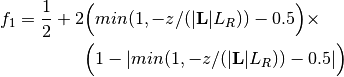 \begin{aligned}
f_1 = \frac{1}{2} +
  2&\Big(min(1, -z/(\vert{\bf L}\vert L_R))-0.5\Big)\times \nonumber \\
   &\Big(1 - \vert min(1, -z/(\vert{\bf L}\vert L_R))-0.5 \vert \Big)
 \end{aligned}