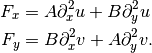 \begin{aligned}
F_{x} &= A\partial^{2}_{x}u+B\partial^{2}_{y}u \nonumber \\
F_{y} &= B\partial^{2}_{x}v+A\partial^{2}_{y}v.
\end{aligned}