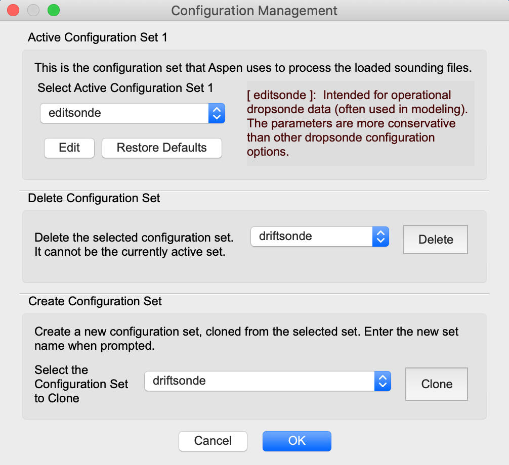 Screenshot of configuration management dialog