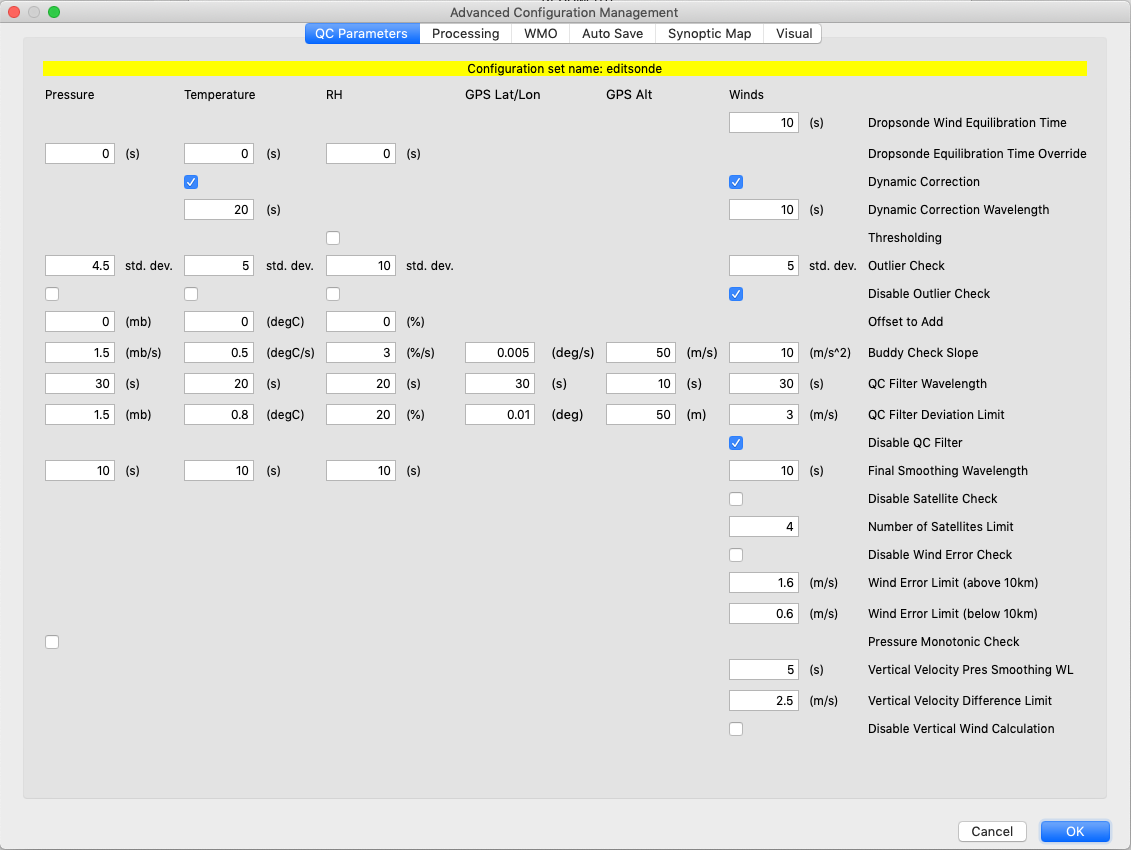 Screenshot of the QC Parameters tab of the Options menu