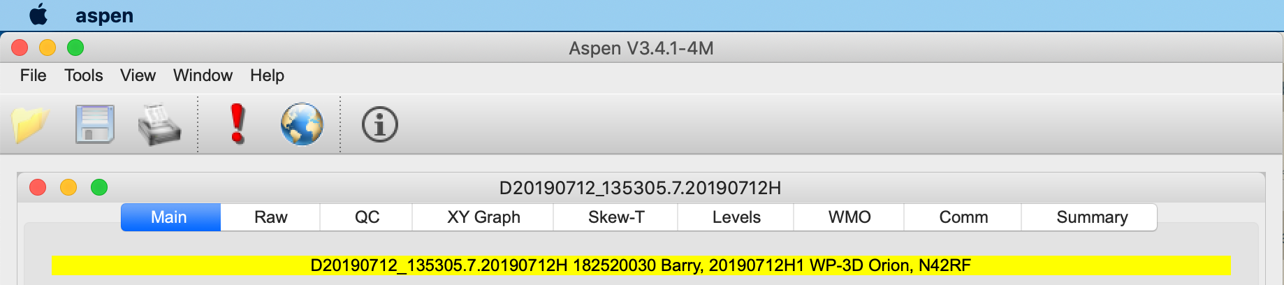 Screenshot showing the top of an ASPEN window with an open sounding, including icons and view tabs