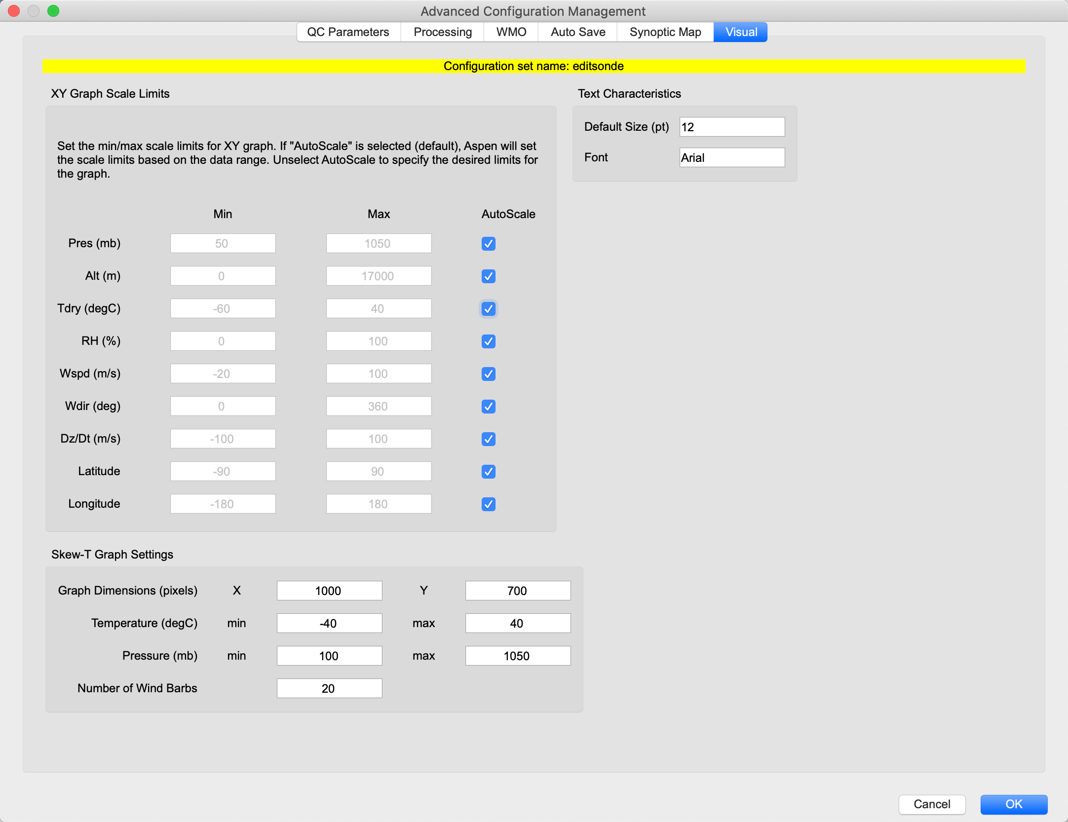 Screenshot of the Visual tab of the Options menu